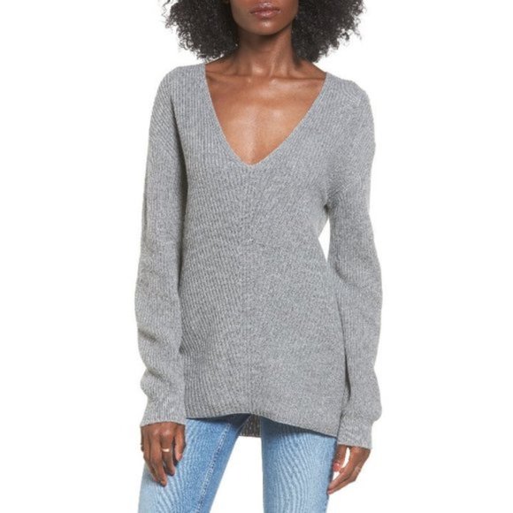 BP. Deep V Neck Ribbed Knit Tunic Sweater Gray - Picture 1 of 9